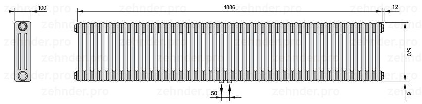 Схема (чертеж) Радиатор Zehnder Charleston 3057/41 №5410 Белый глянцевый RAL 9016